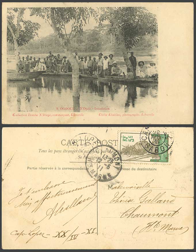 French Congo Gabon 5c 1911 Postcard Ogooue N'Djole Inondation Flood Natives Boat