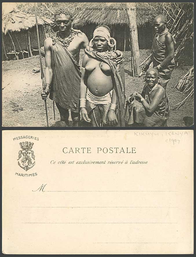 Kenya Kikuyu Warrior & His Family Native Women Ladies Kikouyou 1907 Old Postcard