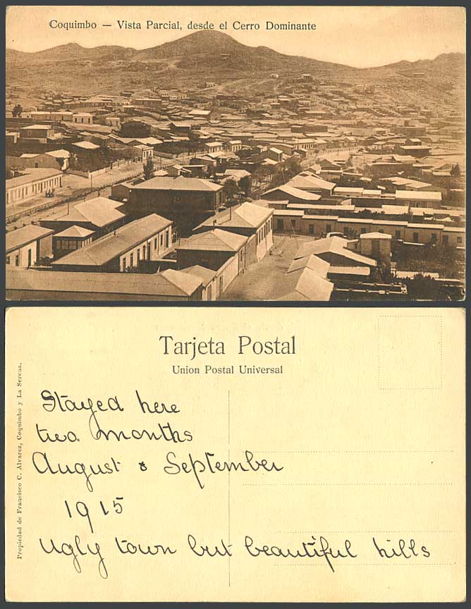 Chile 1915 Old Postcard Coquimbo Vista Parcial desde el Cerro Dominante, Streets