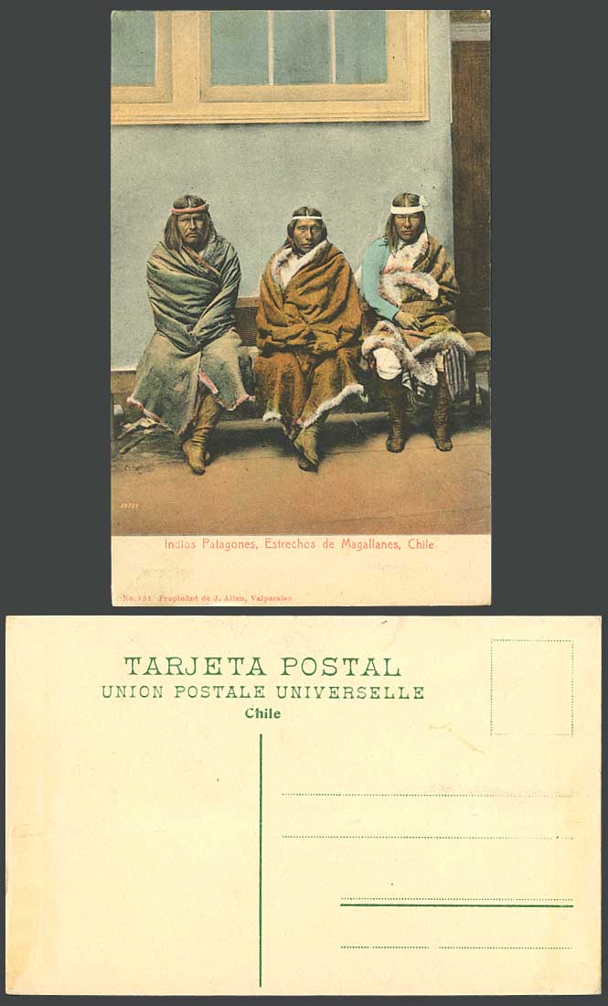 Chile Old Color Postcard Indos Patagones Indians Magellan Straits Native Men Fur