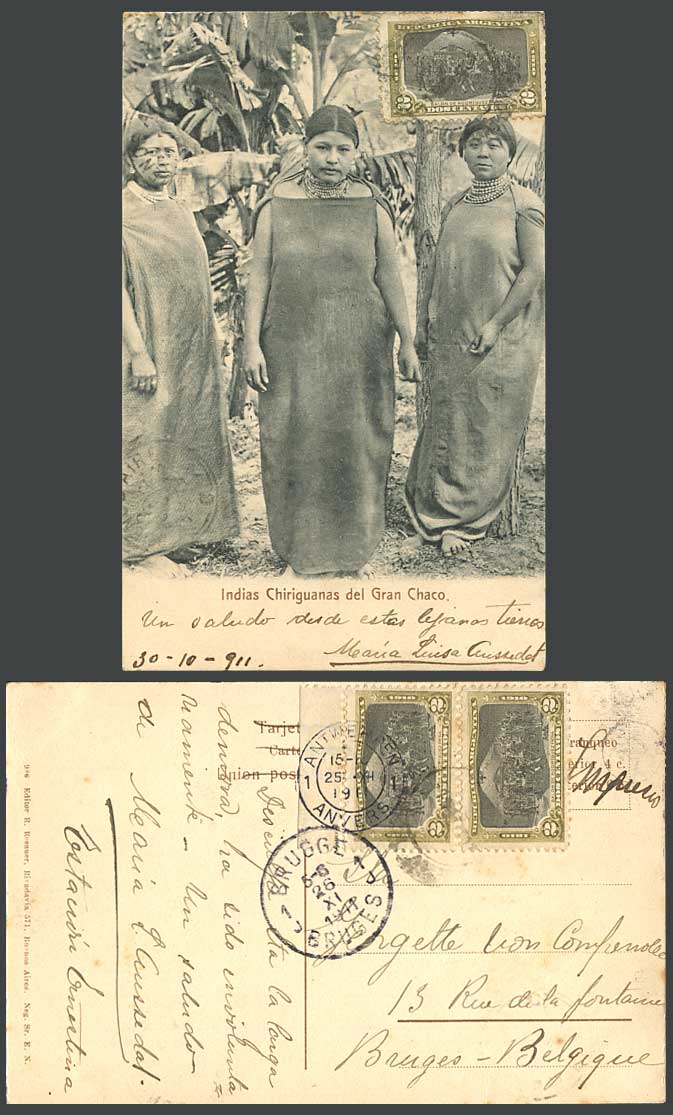 Argentina 2c x3 1911 Old Postcard Indias Chiriguanas del Gran Chaco Indian Women