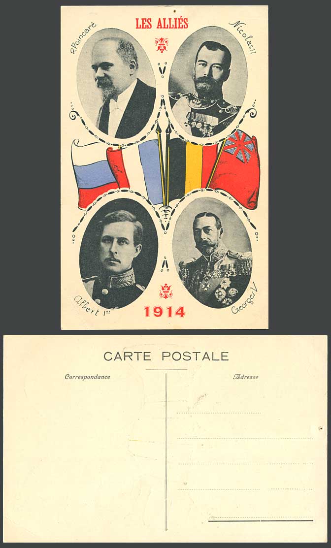 Russia Tsar Nicholas II, George V Albert R Poincare 1914 WW1 Allies Old Postcard