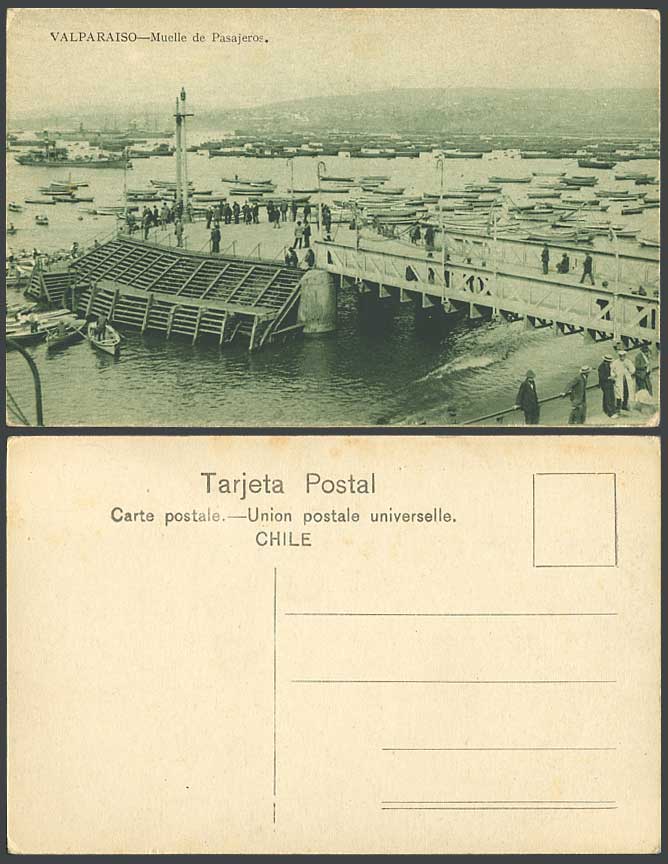 Chile Old Postcard Valparaiso Muelle de Pasajeros Passenger Dock Harbour & Boats