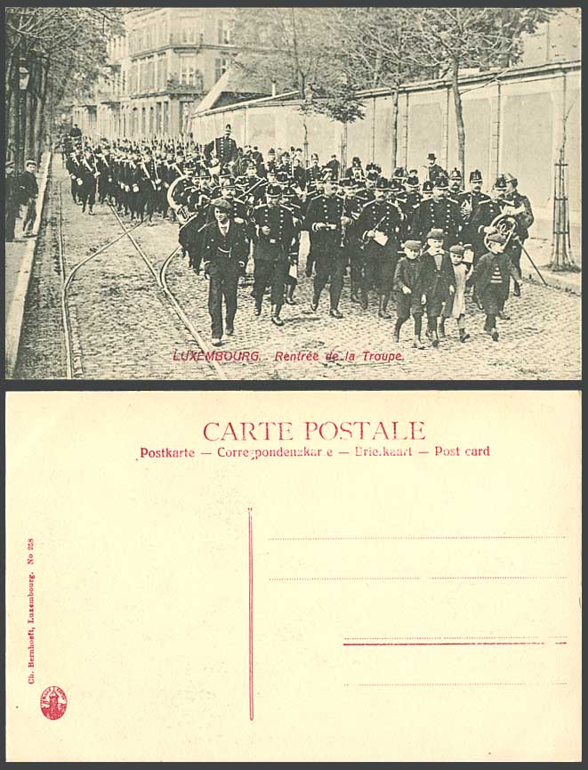 Luxembourg Old Postcard Rentree de la Troupe Military Band Street Procession Boy