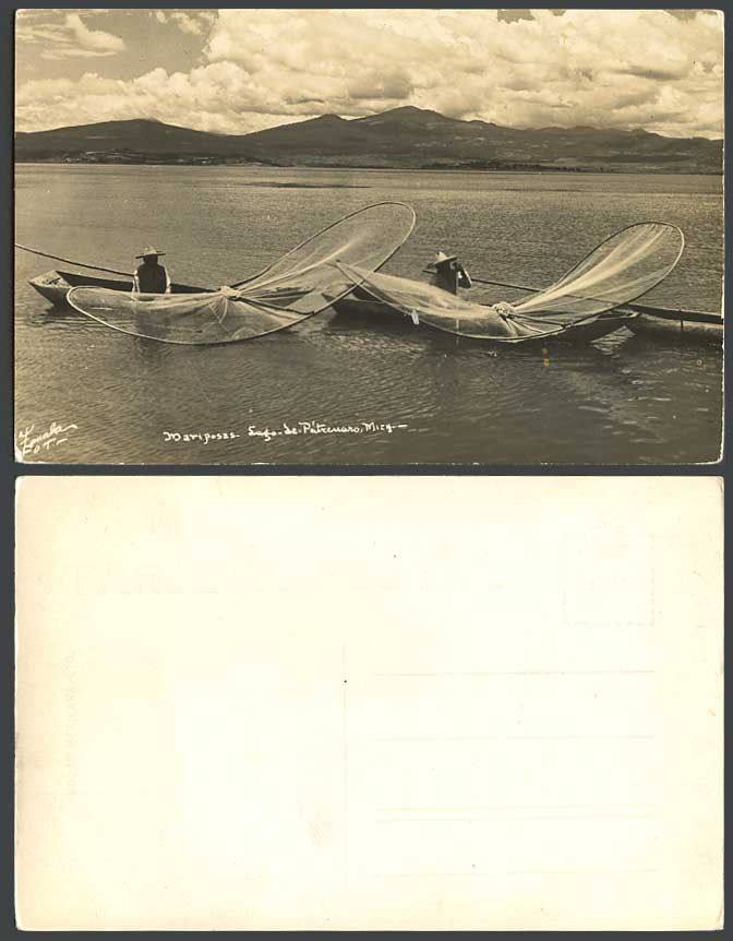 Mexico Old Postcard Mariposas Lago de Patzcuaro Lake Fishing Boats Net Fishermen