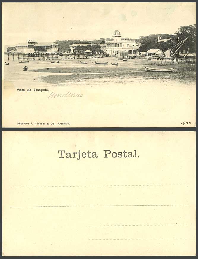 Honduras, Amapala Vista de 1902 Old U.B. Postcard Beach Boats Harbour Pier Jetty