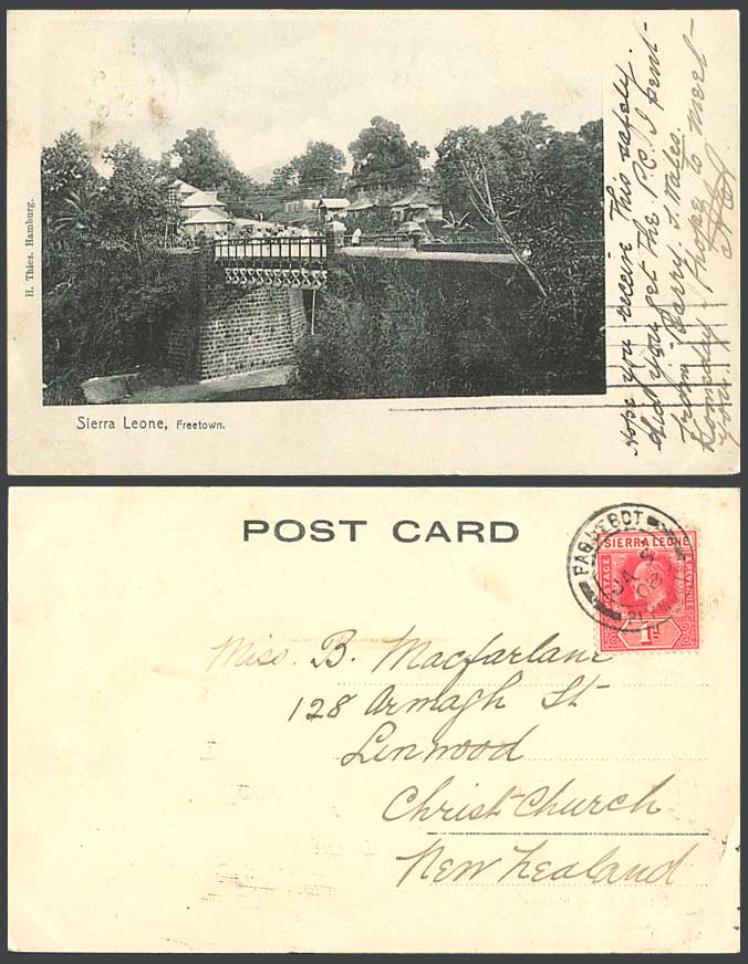 Sierra Leone New Zealand PAQUEBOT KE7 1d 1908 Old Postcard Freetown Bridge River
