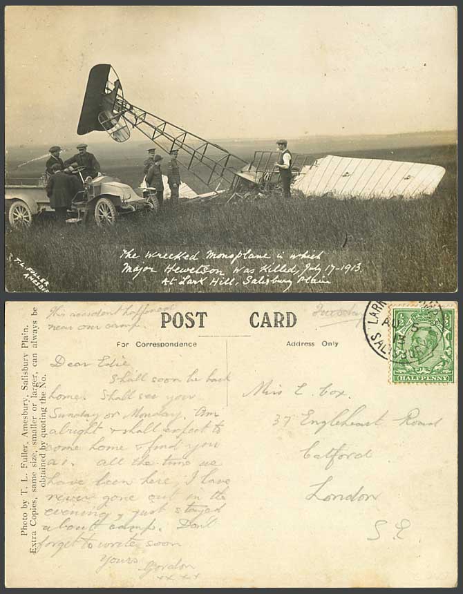 Monoplane Wreck Killed Major Hewetson Larkhill Salisbury Plain 1913 Old Postcard