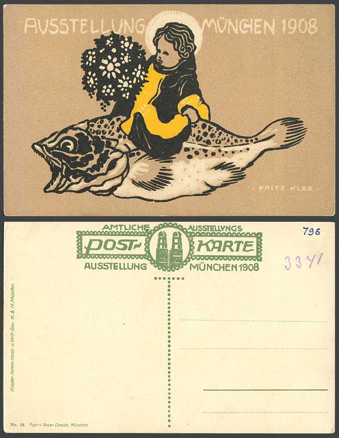 Fritz Klee Artist Signed Child Riding a FISH Munich Exhibition 1908 Old Postcard