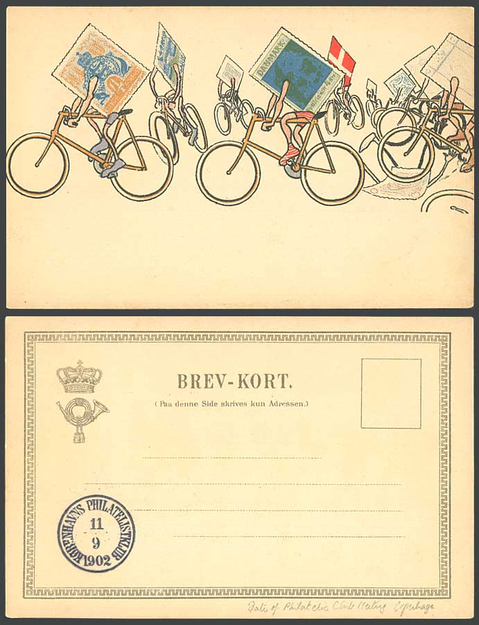 Denmark Stamps Bicycles Cyclist Philatelist Club Copenhagen 1902 Old UB Postcard
