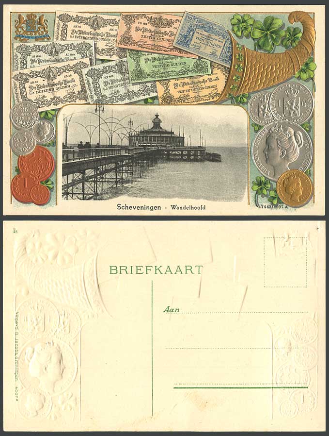 Netherlands Scheveningen Wandelhoofd Promenade Pier Banknotes Coins Old Postcard