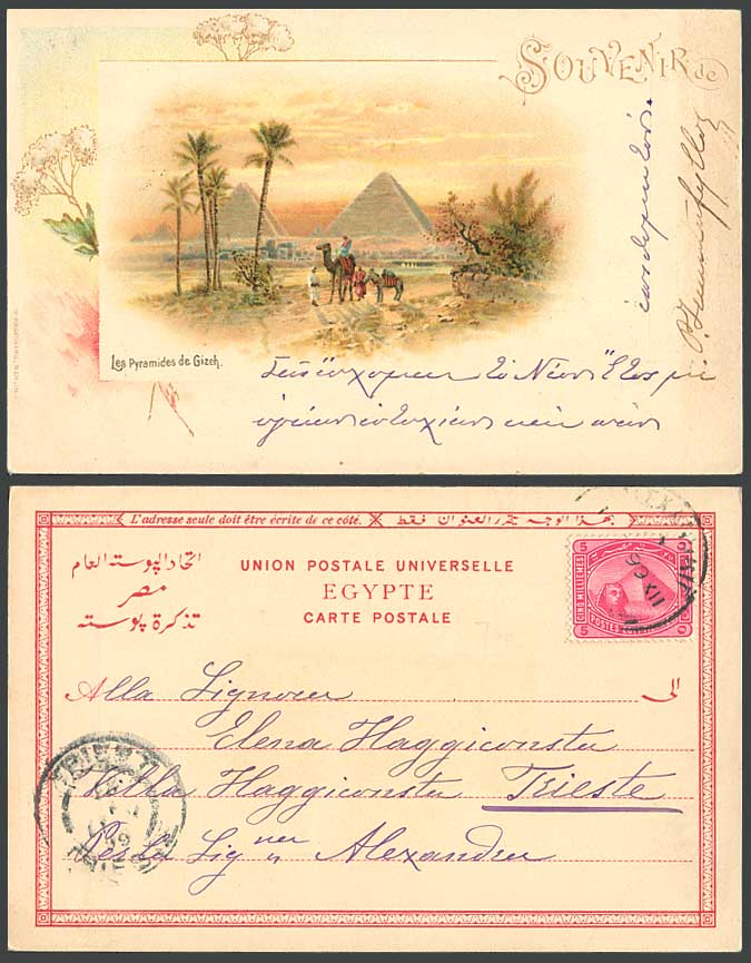 Egypt Souvenir 5m 1899 Old Postcard Pyramides Gizeh Giza Pyramids Camel & Donkey