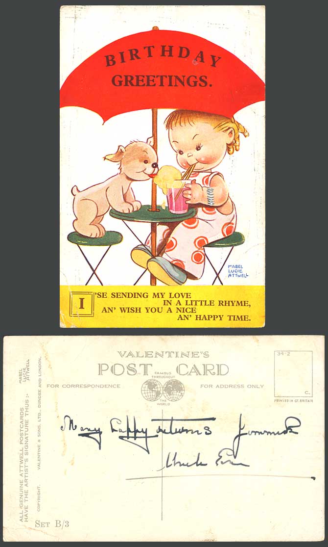 MABEL LUCIE ATTWELL Old Postcard Birthday Greeting Dog Love Little Rhyme Set B/3