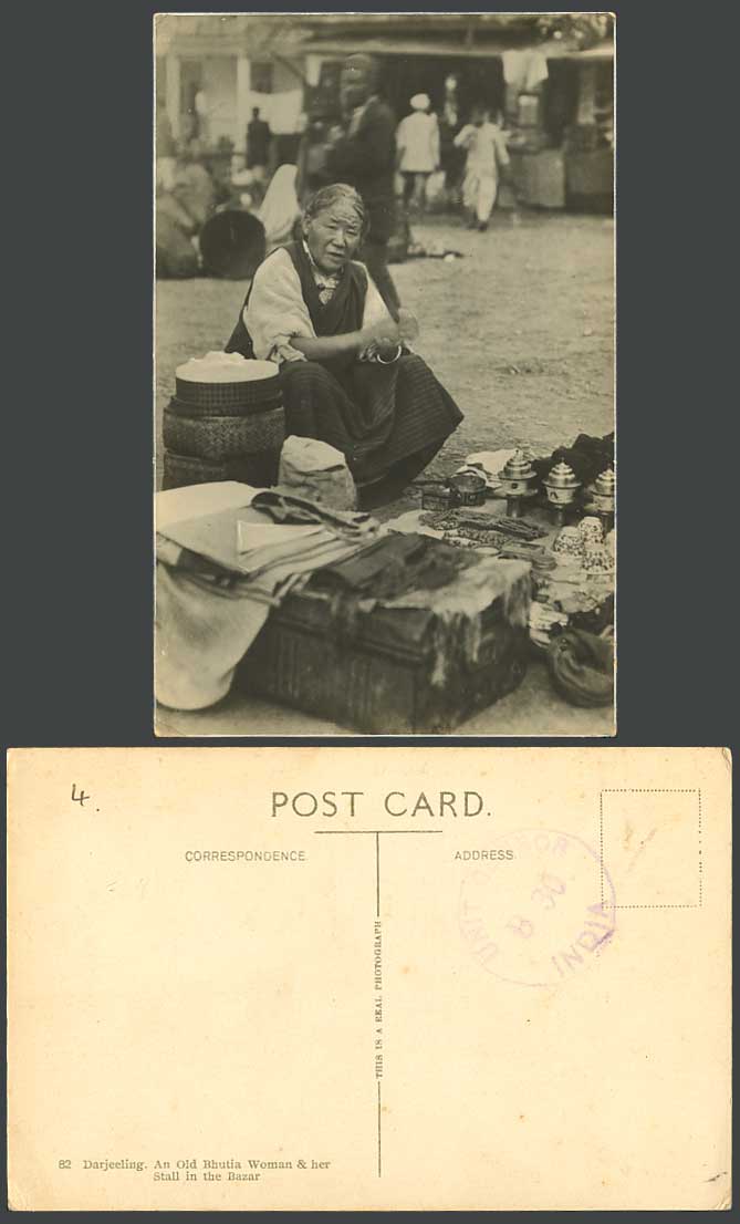 TIBET China Unit Censor B30 India Old Postcard Bhutia Woman Stall Bazar Darjeel.
