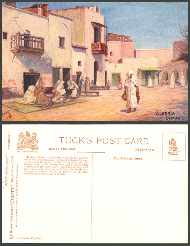 Algeria Old Tuck's Oilette Postcard Biskra, Street Scene, Oasis, Garden of Allah
