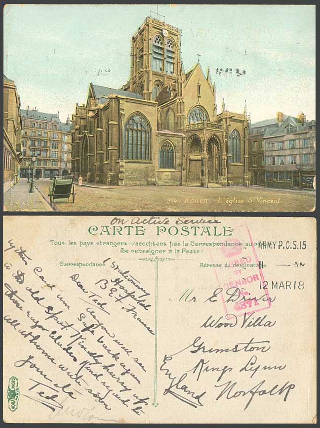 France OAS Censor 4371 1918 Old Postcard ROUEN l'Eglise St Vincent Church Street