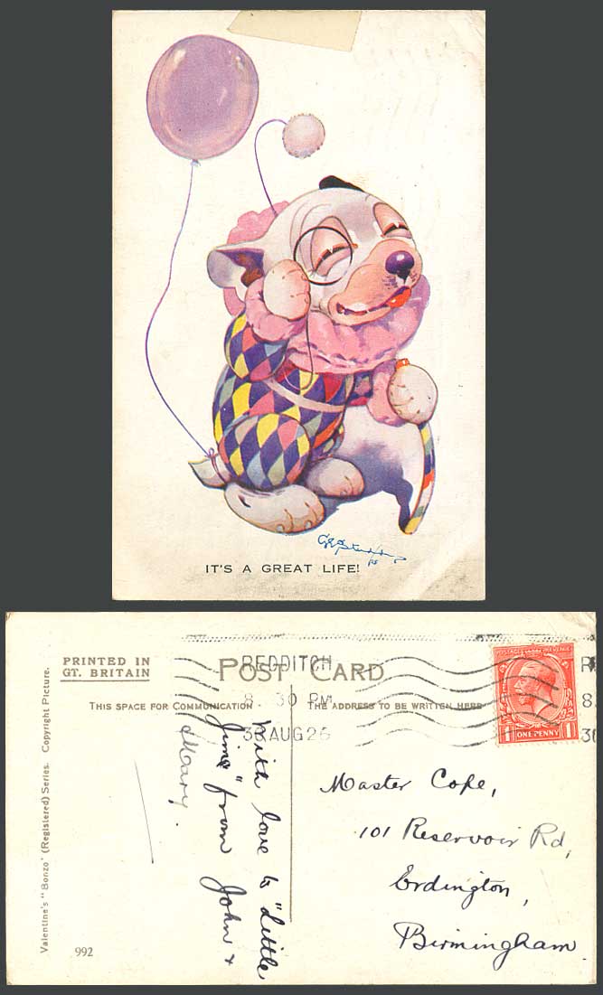 BONZO DOG GE Studdy 1926 Old Postcard It's a Great Life! Clown Balloon Puppy 992