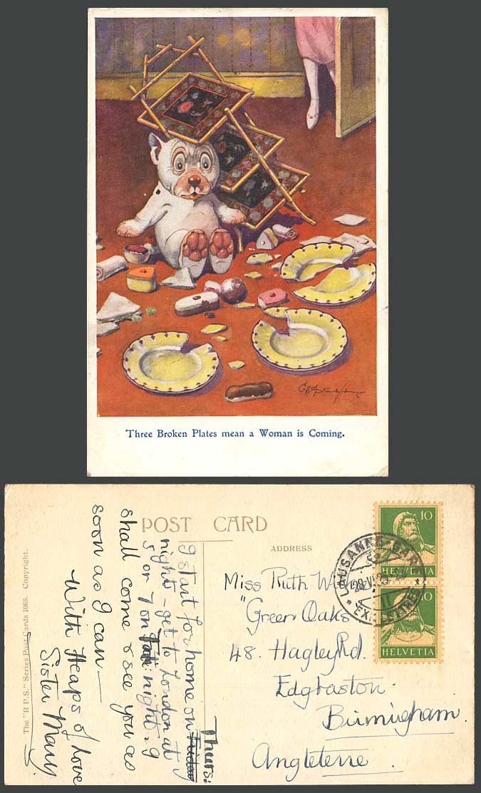 BONZO Dog GE Studdy Swiss 10c 1925 Old Postcard Broken Plates, Woman Coming 1068