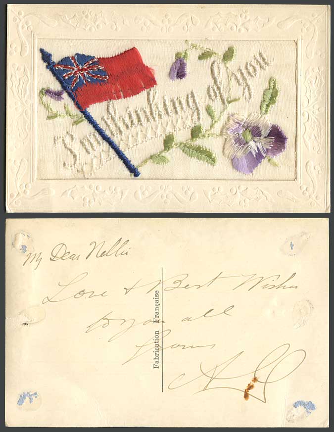 WW1 SILK Embroidered Old Postcard I'm Thinking of You Flag Pansy Flower Greeting