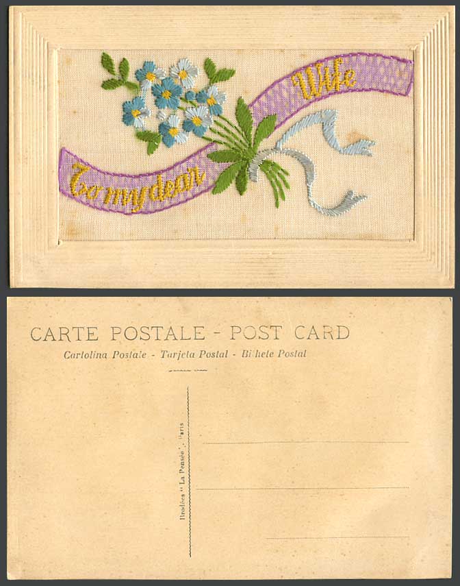 WW1 SILK Embroidered Old Postcard To My Dear Wife, A Bunch of Flowers, La Pensee