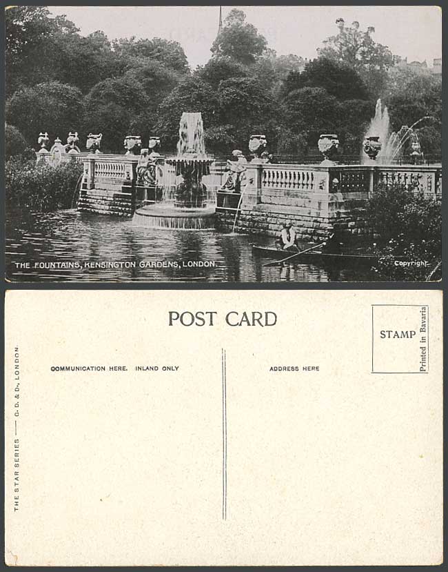 London Kensington Gardens Old Postcard The Fountain & Statues Canoe Boat Boating