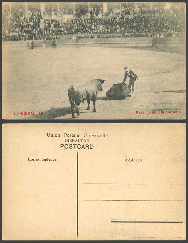 Gibraltar Old Postcard Bullfighting Arena, Bullfighter, Pase de muleta por bajo