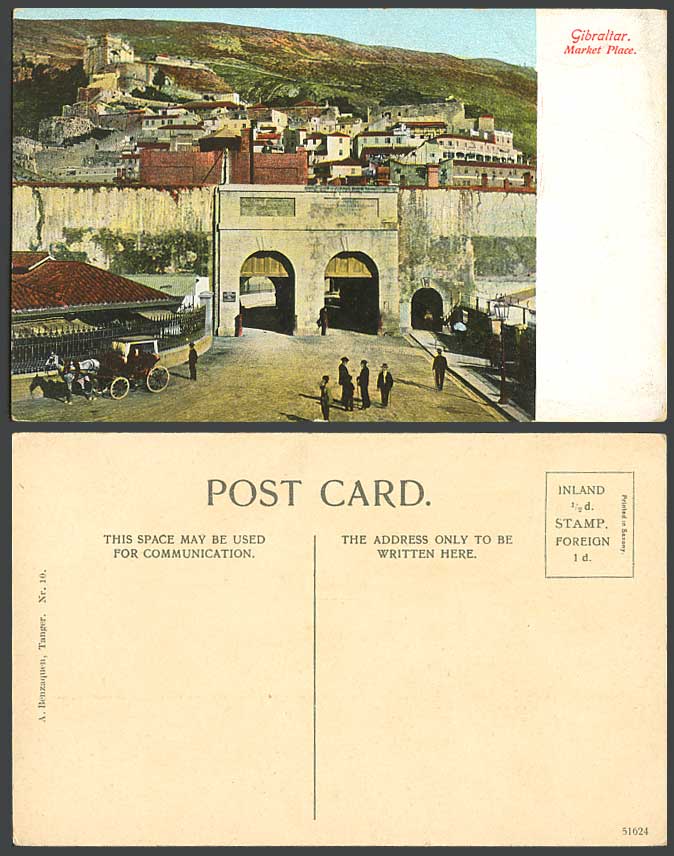 Gibraltar Old Color Postcard MARKET PLACE Casemates Gate Street Scene Horse Cart