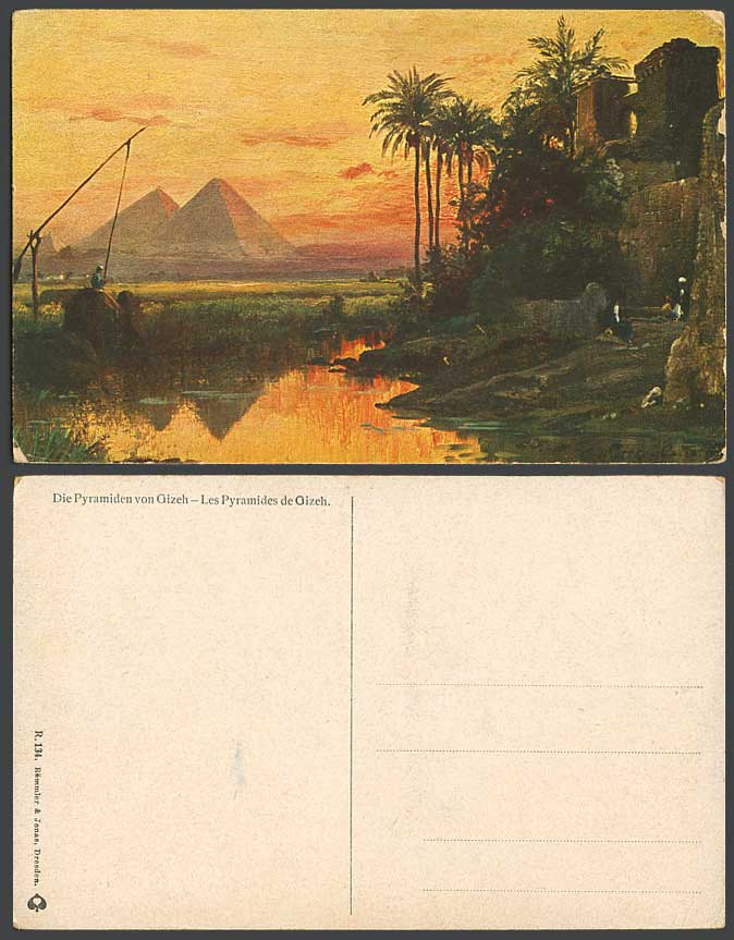 Egypt C. Wuttke Old Postcard Pyramids Giza Gizeh Chadouf Palm Trees Sunset River