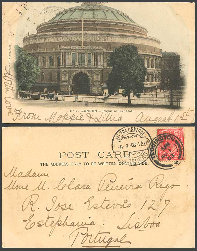 London to Portugal 1903 Old Hand Tinted Postcard ROYAL ALBERT HALL Entrance Gate