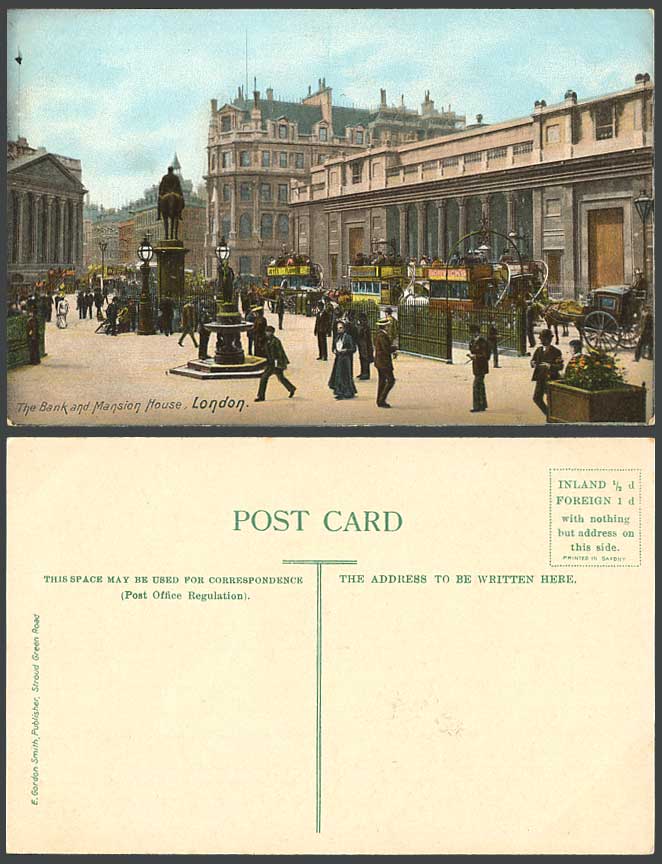 London Old Colour Postcard Mansion House Bank of England Street Scene Statue Bus