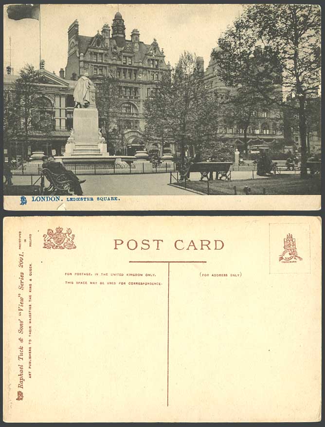 London Old Tuck's Postcard Leicester Square, Queen's Hotel Empire Theatre Statue
