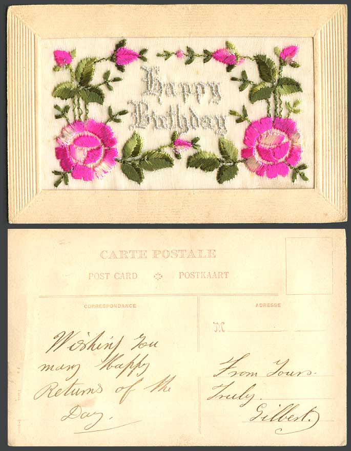 WW1 SILK Embroidered French Greeting Old Postcard Flowers Happy Birthday Novelty