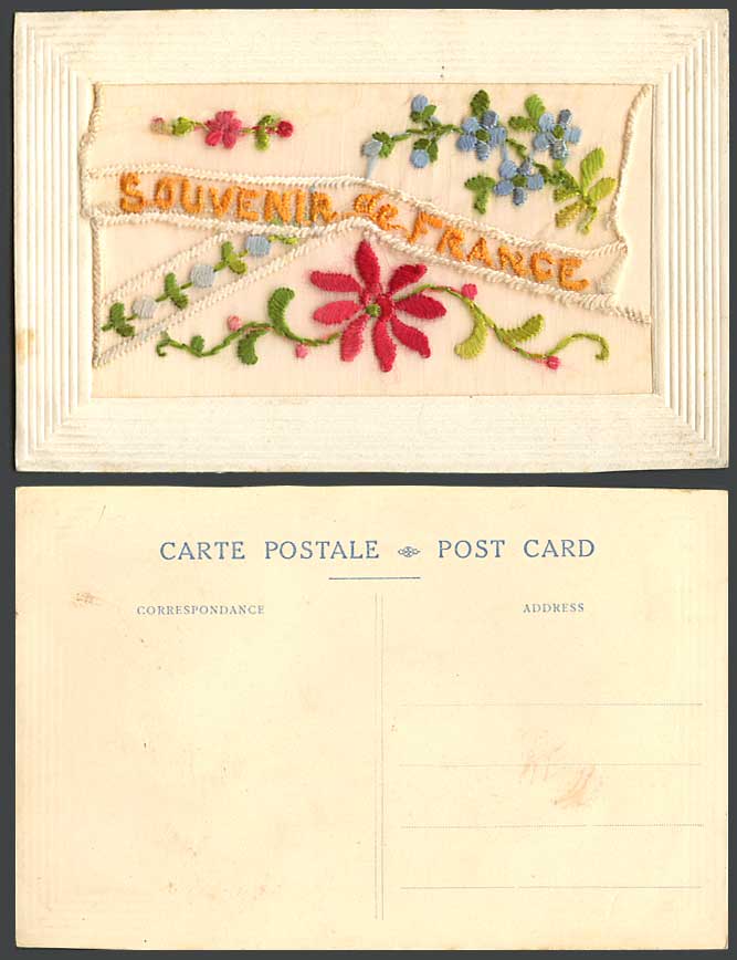 WW1 SILK Embroidered Old Postcard Souvenir de France Flower Empty Wallet Novelty