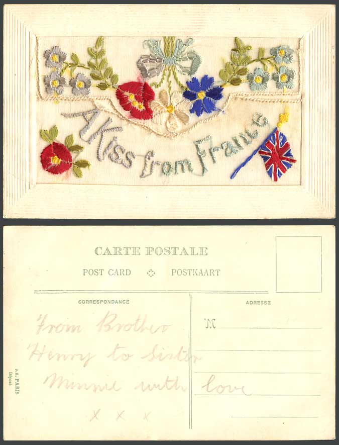 WW1 SILK Embroidered Old Postcard A Kiss from France, Flag Flowers, Empty Wallet