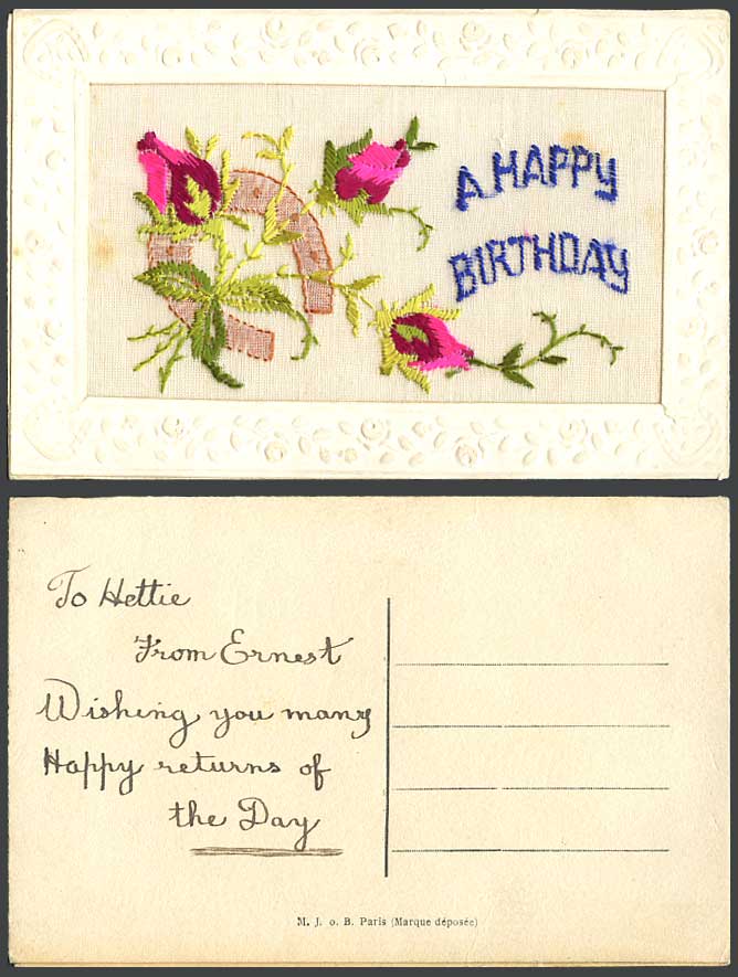 WW1 SILK Embroidered Old Postcard A Happy Birthday Horseshoe and Flowers Novelty