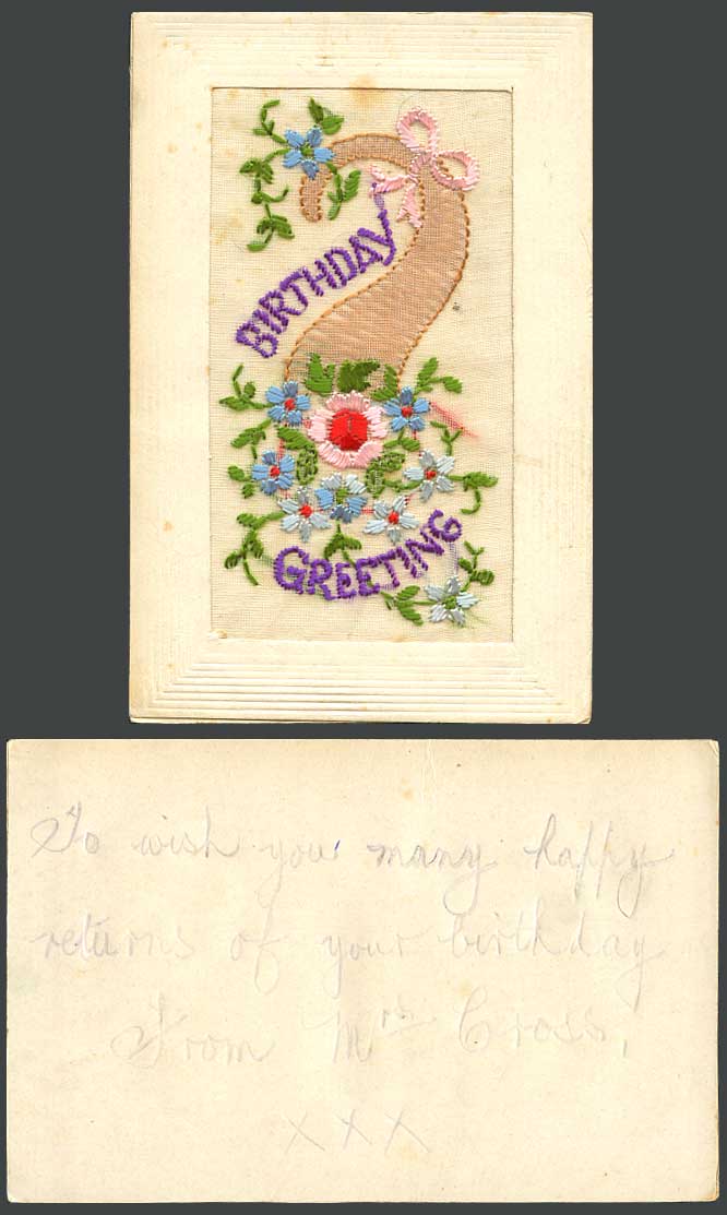 WW1 SILK Embroidered French Old Postcard Birthday Greetings and Flowers, Novelty