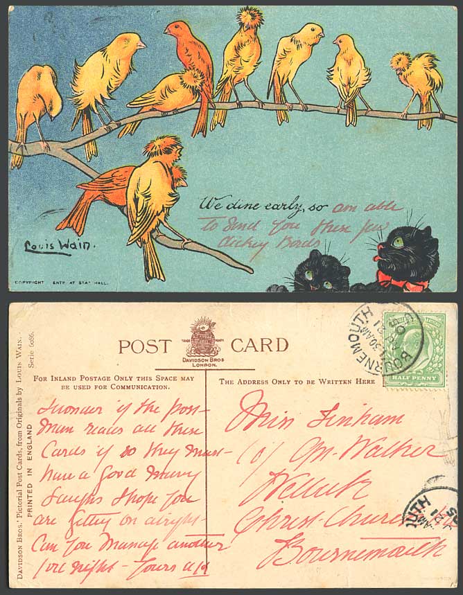 Louis Wain Artist Signed We Dine Early Birds Black Cats Write Away 1904 Postcard