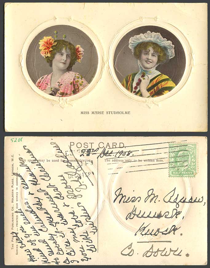 Actress Miss MARIE STUDHOLME 1908 Old Embossed Color Postcard Glamour Lady Woman