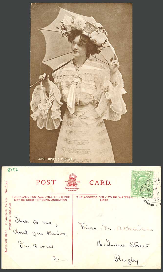 Actress Miss Gertie Millar Holding Umbrella 1905 Old Postcard Glamour Lady Woman