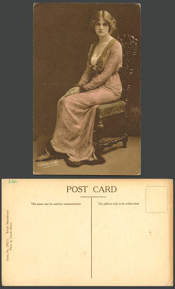Actress Miss Gladys Cooper, Antique Chair Old Hand Tinted Postcard Claude Harris