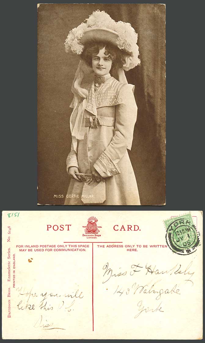 Actress Miss Gertie Millar, Smile Large Hat 1905 Old Postcard Glamour Lady Woman
