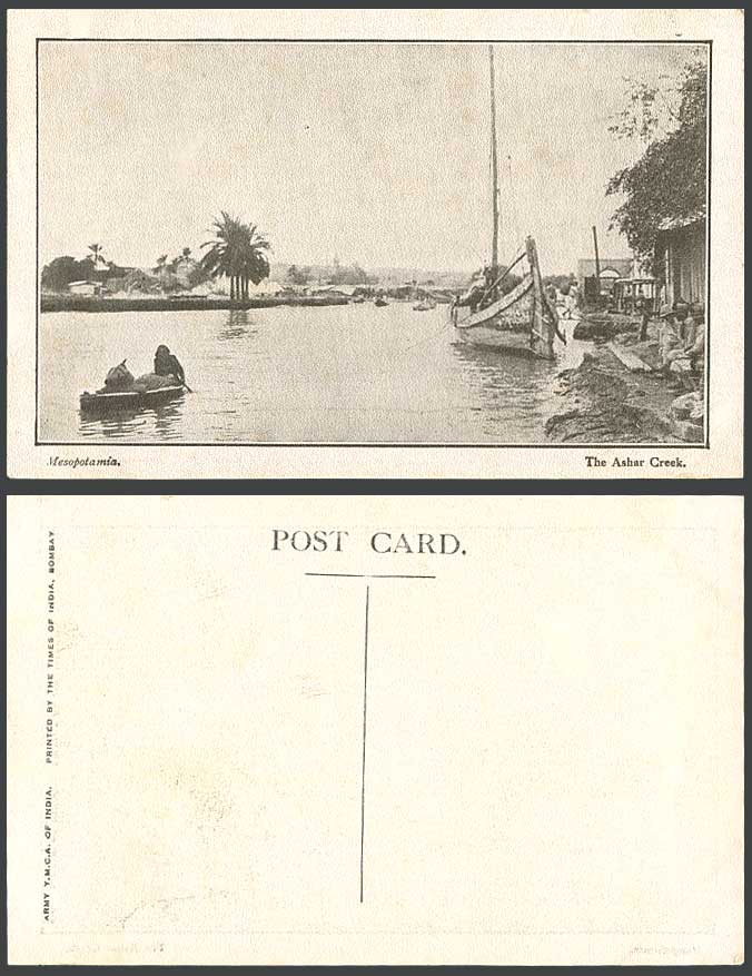 IRAQ Old Postcard Mesopotamia The Ashar Creek River Scene Native Boats Palm Tree