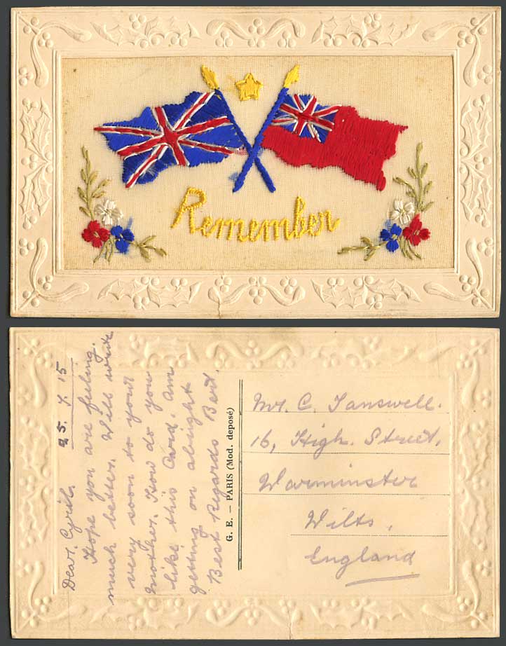 WW1 SILK Embroidered 1915 Old Postcard Remember, Flags Flowers Novelty Greetings