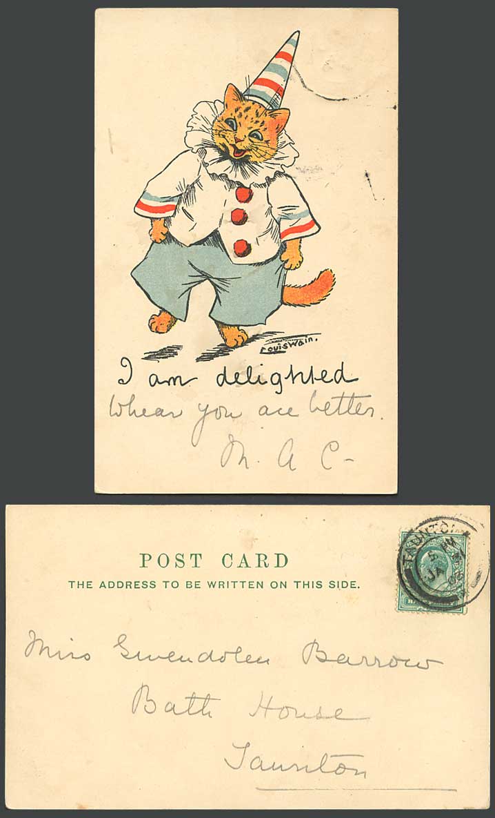 LOUIS WAIN Artist Signed Cat Clown I'm delighted Write Away 1903 Old UB Postcard