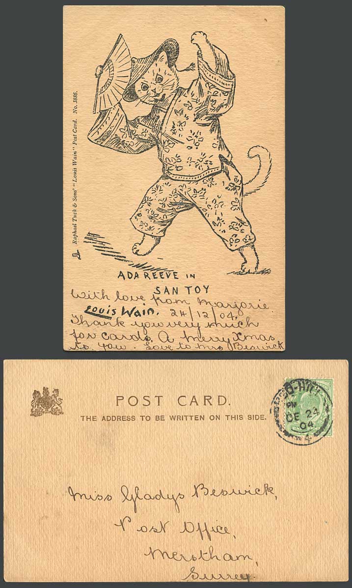 LOUIS WAIN Artist Signed Chinese Cat, Ada Reeve, San Toy China 1904 Old Postcard