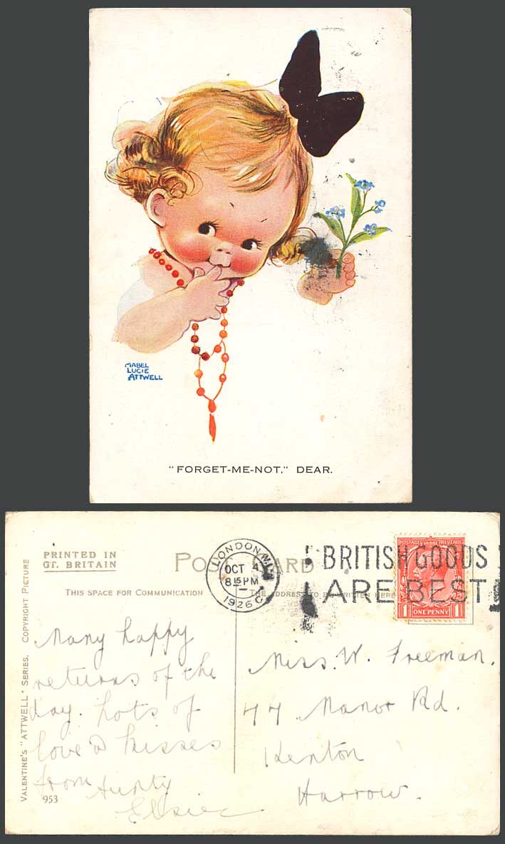 MABEL LUCIE ATTWELL 1926 Old Postcard Forget Me Not, Dear 953 British Goods Best