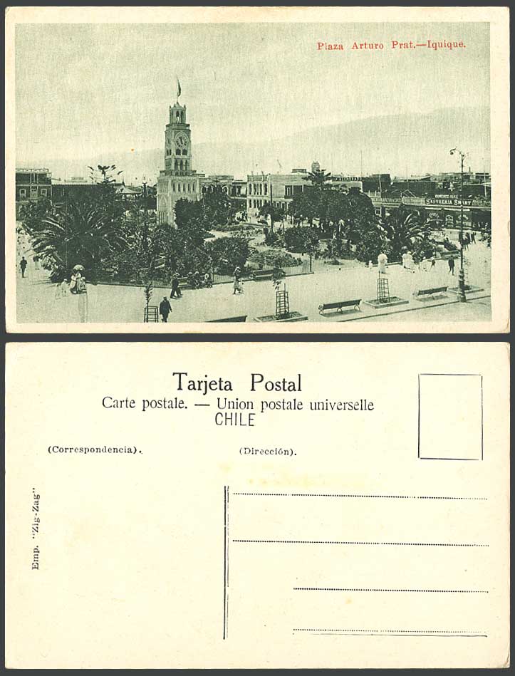 Chile Old Postcard Iquique Plaza Arturo Square, Clock Tower Street Scene Gardens