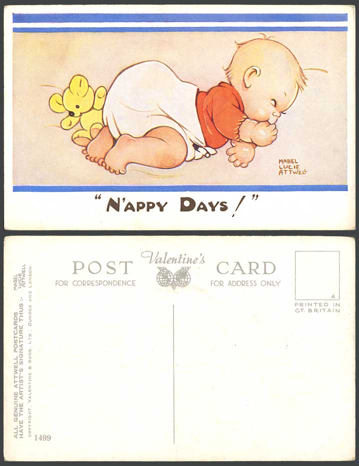 MABEL LUCIE ATTWELL Old Postcard Teddy Bear, Baby Sucking Thumb N'appy Days 1499