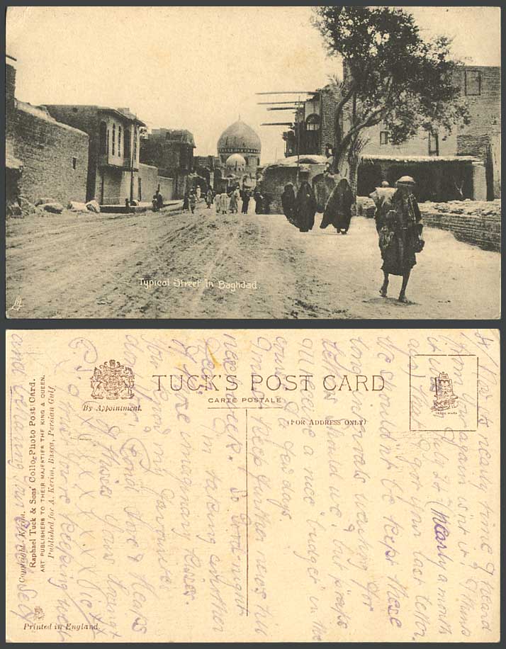 IRAQ Old Tuck's Postcard Baghdad Typical Street Scene Bagdad, Women, Mosque Dome
