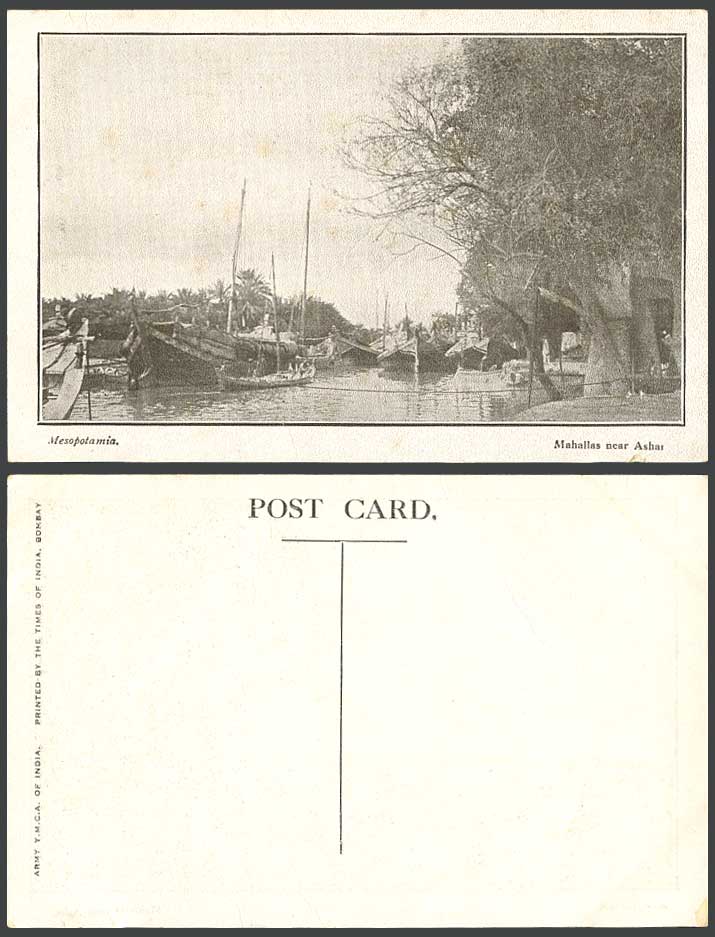 IRAQ Old Postcard Mesopotamia Mahallas near Ashai Native Boats River Scene Trees